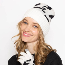 Ivory Black Cow Print Western Knit Beanie Hat - £14.90 GBP