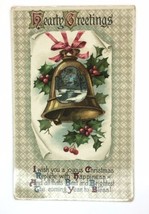 Christmas Hearty Greetings Bell, Bridge, &amp; Holly  Happiness 1911 PC Glossy Shiny - £7.11 GBP