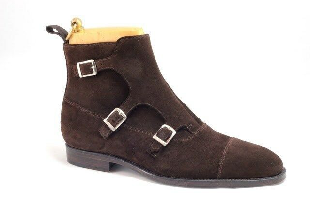Triple Monk Buckle Strap Suede Leather Cap Toe High Ankle Handmade Boots US 7-16