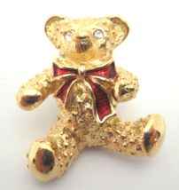 Avon Teddy Bear Pin Brooch Gold Tone with Clear Rhinestone Eyes Red Bow - £3.67 GBP