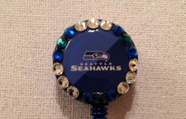 Nfl Seattle Seahawks Badge Reel Id Holder Swarovski blue alligator clip ... - $10.99