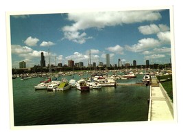 Vintage Chicago Skyline Harbor Postcard Windy City Marina Boats Roadside... - $9.50