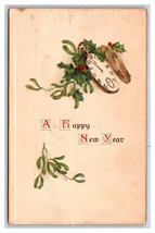 Happy New Year Clock Holly Mistletoe Embossed DB Postcard H24 - £2.31 GBP