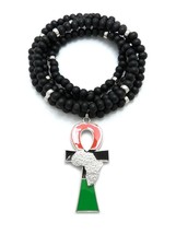 Silver Tone ANKH Nugget Cross with Africa Motif Black Wooden Bead Chain Necklace - £18.59 GBP