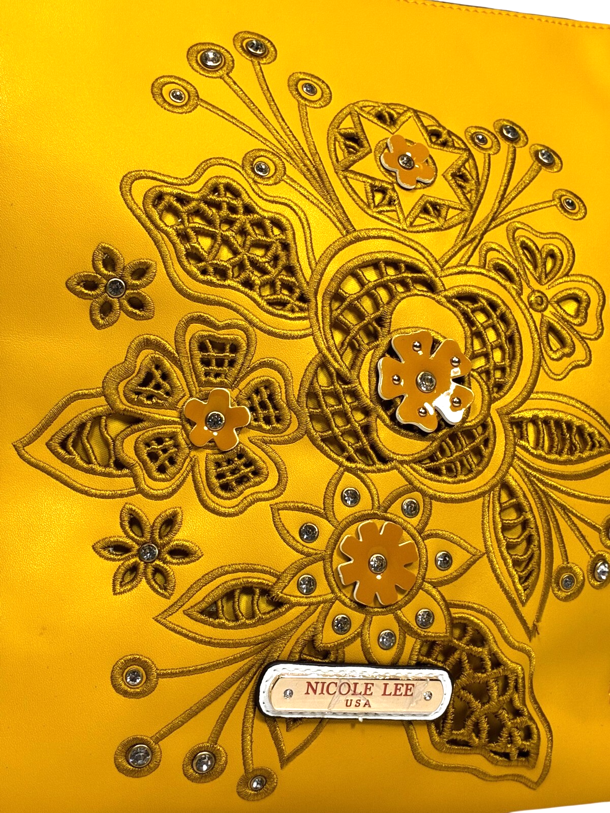 Nicole Lee Hobo Bag with Laser Cut and Embroidery Yellow + Pouch & Dust Bag NWT Item image 5