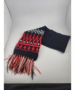 Vintage 80s Knit Scarf Black White Red Fair Isle Winter Snow - £9.72 GBP