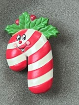 Cute Red &amp; White Plastic CANDY CANE w Face &amp; Christmas Holly Holiday Pin Brooch - £7.50 GBP