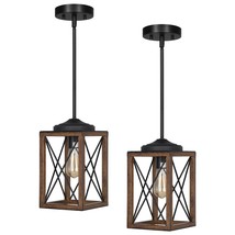 2 Pack Farmhouse Pendant Light, Metal Hanging Light Fixture With Wooden ... - $148.99