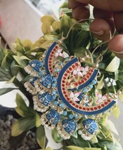 Indian Bollywood Style Kundan Light Blue Enameled Bali Hoop Earrings Jhumka Set - £22.77 GBP