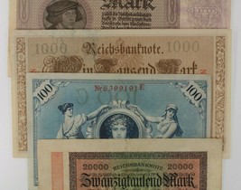 1908-1923 Germany 4-Notes Currency Set / (2) German Empire / (2) Weimar Republic - £38.84 GBP