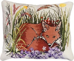 Throw Pillow Fox and Violets 16x20 20x16 Multi-Color Wool Cotton Velvet Back - £214.98 GBP