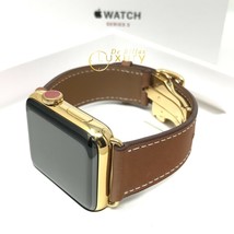 24K Gold Plated 42MM Apple Watch SERIES 3 Brown Leather Band Custom Wood... - $569.05