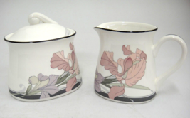 Noritake Cafe du Soir Sugar Bowl w Lid Creamer Black Band Pink Purple Floral - £10.67 GBP