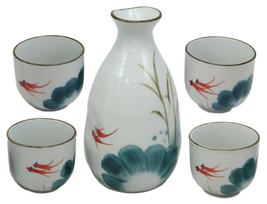 Feng Shui 2 Swimming Koi Fishes In Zen Pond Porcelain Sake Flask And 4 Cups Set - £20.44 GBP