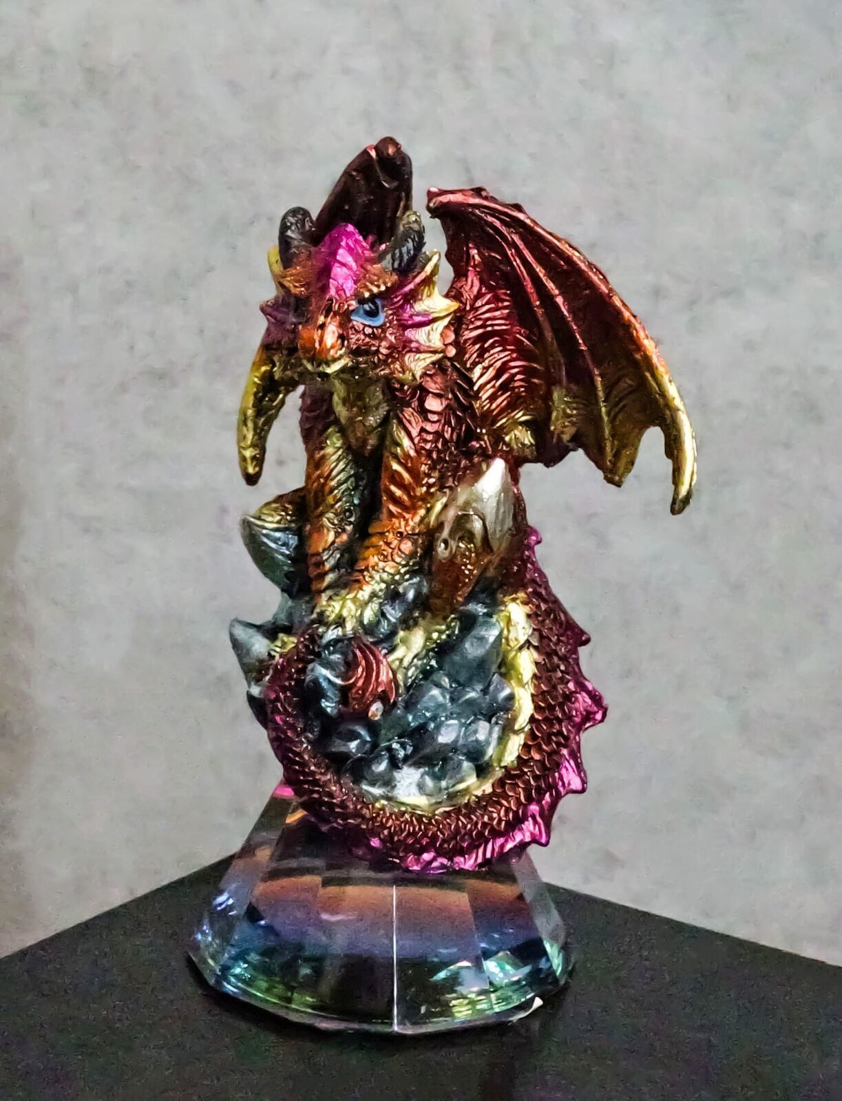 Red Iridescent Armored Rainbow Wyrmling Dragon On Faux Crystal Prism Fig... - $17.99