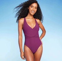 Women&#39;s Ribbed Plunge Twist-Front One Piece Swimsuit Shade &amp; Shore Purpl... - £9.01 GBP