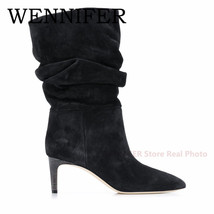 Autumn Winter Slouch Leather Women Kitten Heels Boot Pointy Suede Pleated Slip-O - £97.82 GBP