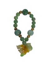 Green Gemstone Stretch Bracelet Beaded Dragon Charm Pixiu Gold Tone - £9.34 GBP