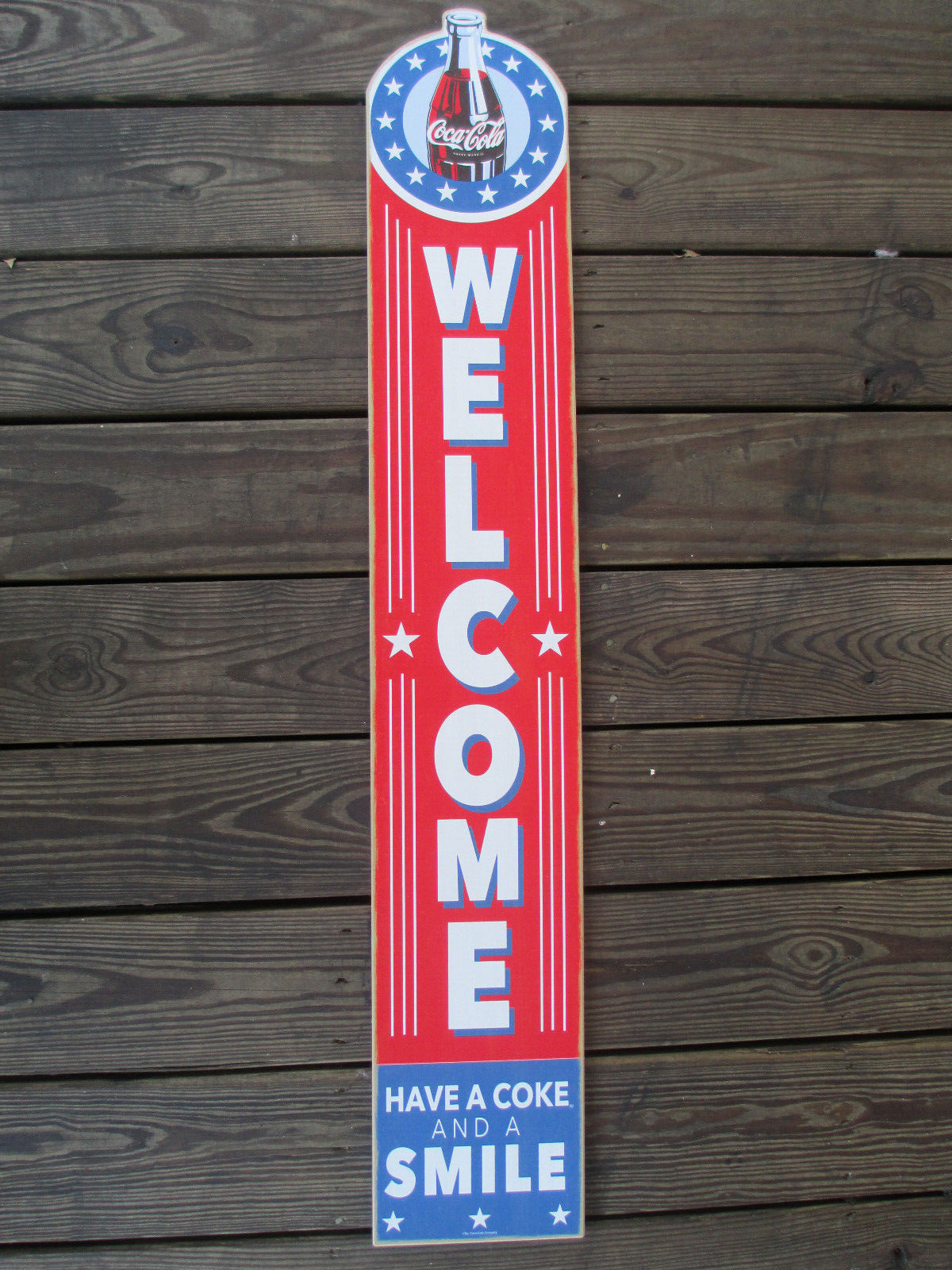 Primary image for Coca-Cola Welcome Vertical Leaner Wood Sign Have a Coke and a Smile 44"