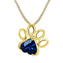 14K Yellow Gold Plated Simulated Heart Blue Sapphire Paw Print Pendant Necklace - £29.33 GBP