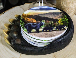Rustic Forest Black Bear Clawed Paw Coaster Holder With 4 Trail Bears Coasters - £17.55 GBP