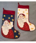 2- Vintage Needlepoint Christmas Stocking Santa Claus Starry Sky Red Velvet - $68.53 CAD