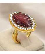 Fine Natural Pink Tourmaline Engraved Leaf Moissanite 925 Silver Stateme... - €849,98 EUR