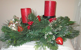 Artificial Planter CHRISTMAS Indoor Greens with Two Battery Red Candles - £5.98 GBP