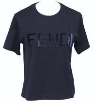 FENDI T-Shirt Top Logo Cropped Navy Blue Velvet Crew Neck Short Sleeve S... - £302.29 GBP