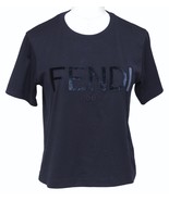 FENDI T-Shirt Top Logo Cropped Navy Blue Velvet Crew Neck Short Sleeve S... - £298.17 GBP