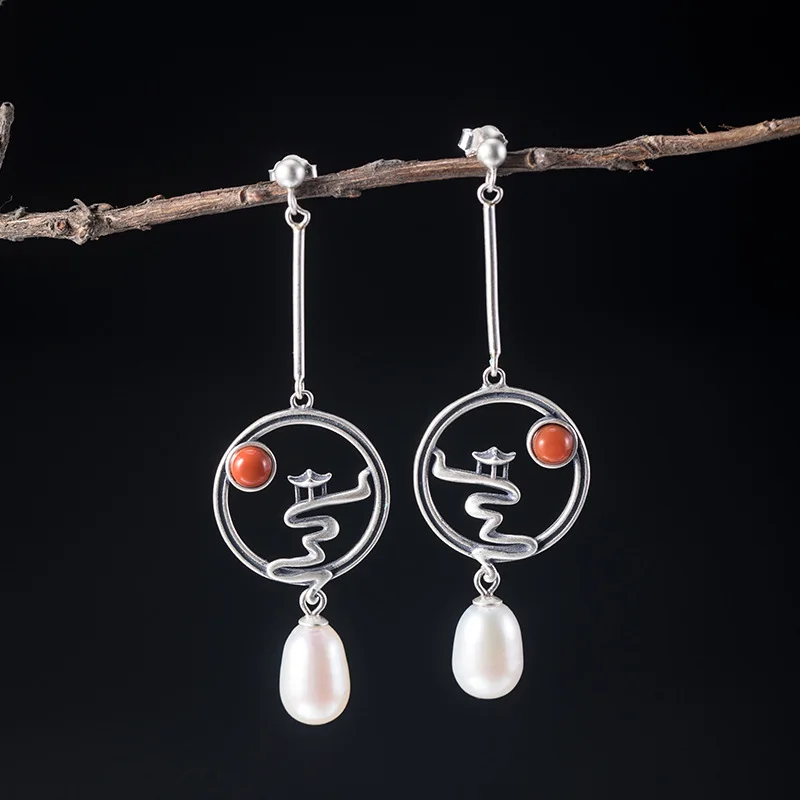 Original 925 Sterling Silver Pearl Drop Earrings Female Chinese Style Landscape  - £41.90 GBP