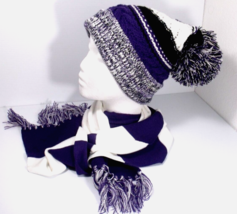 Sport Tek Cable Knit Winter Pom Pom Beanie Hat &amp; Scarf Women Purple Whit... - £17.79 GBP