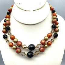 Shimmering Orange Moonglow Necklace with Golden and Black Glass Beads, Elegant A - $40.64