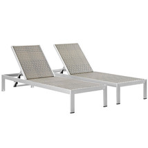 Set Of 2 Silver Gray Rattan Outdoor Patio Sun Lounge Chairs Aluminum Frame - £546.13 GBP