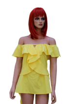 BRIGHT YELLOW BLOUSE TOP ASYMETRICAL RUFFLED ZIPPER OFF SHOULDER WOMEN L... - £7.86 GBP