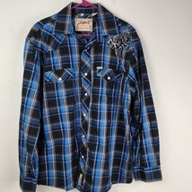 Rafter C Cowboy Collection Plaid Pearl Snap Short Sleeve Shirt Blue Mens L - $19.79