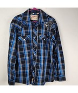 Rafter C Cowboy Collection Plaid Pearl Snap Short Sleeve Shirt Blue Mens L - £14.98 GBP