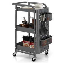 3-Tier Rolling Cart Utility Cart w/ Space-Saving &amp; Tiered Design &amp;DIY Pegboards - £73.54 GBP