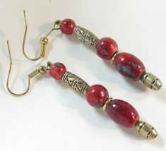 Vtg Red Enamel Cloisonne Balls Dangling Pierced French Hook Earrings Gold Tone - £12.05 GBP