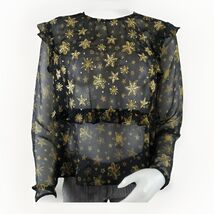 Topshop Idol Blouse Sz 10 Sheer Black Chiffon Ruffles Gold Sequin Long S... - €12,25 EUR