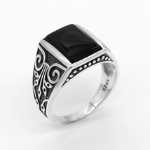 925 Sterling Silver Men Ring with Natural Green Agate Stone Finger Ring Turkey H - £41.99 GBP