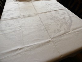 VTG White Iris Floral Jacquard  Cotton linen Dining table Tablecloth 82&quot;... - £22.07 GBP