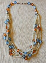 Lovely vintage 3 strand blue, orange &amp; clear frosted glass beaded necklace - $14.99