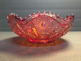 Imperial Glass Ruby Red Sunset Pattern Carnival Glass Candy Dish 8&quot; Vintage - $32.32