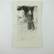 RPPC Photo Postcard Woman in Suit Dress &amp; Hat Stands Outside House Antique 1910s - £7.98 GBP