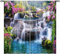 Anhope Waterfall Curtains - Spring Nature Theme Pink Red Floral Forest Landscape - £32.39 GBP