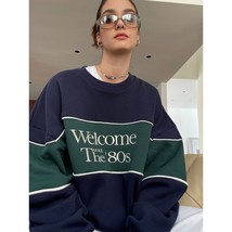 Vintage Green Color Block  Letter Embroidery Sweatshirt O-neck Oversized Pullove - £57.97 GBP