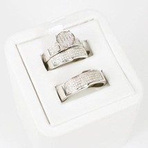14k White Gold Fn Trio Diamond Engagement Ring Set His  Her Bridal Wedding Band - £109.98 GBP
