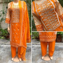 Pakistani Orange Printed Straight Shirt 3-PCS Lawn Suit w/ Threadwork ,X... - $50.64