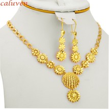 24k Gold Color Ethiopian Dubai Jewelry Sets For Women Small Flowers Arab/African - £25.81 GBP